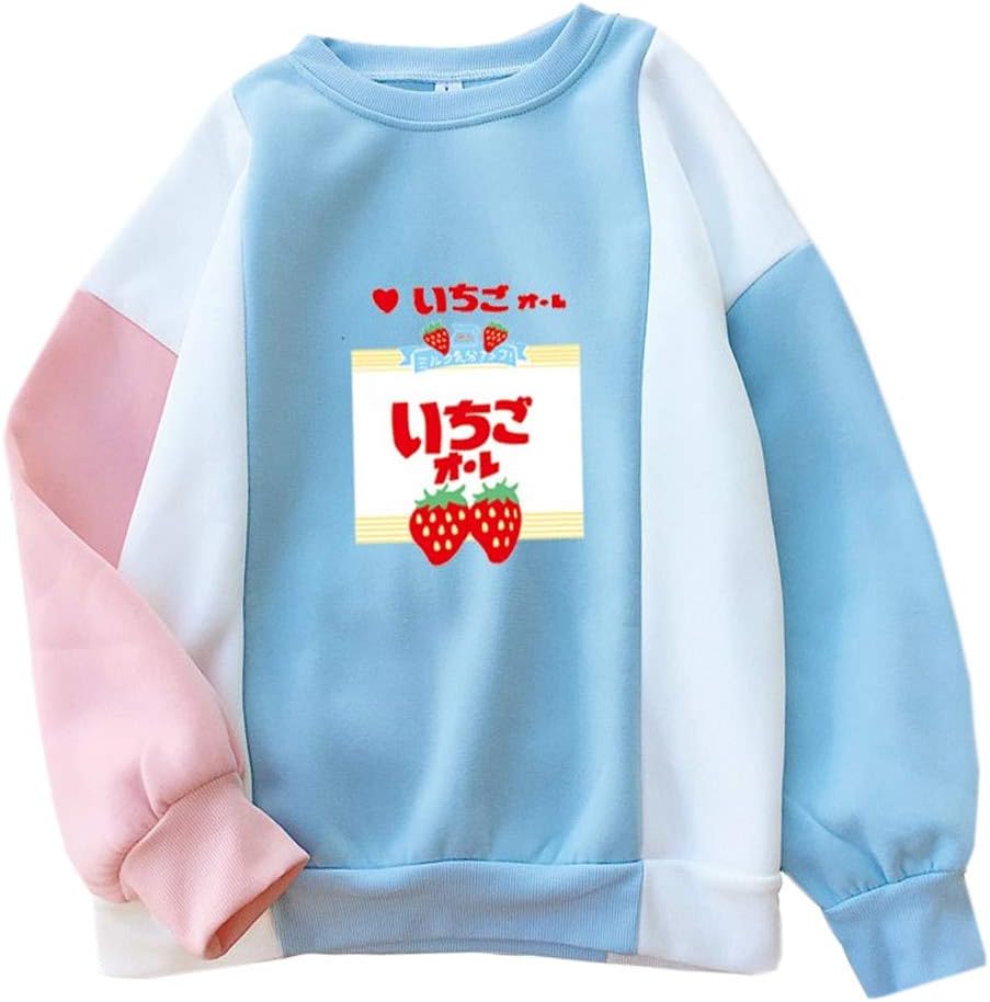 Fashionoly Strawberry Milk Kawaii Sweet Cute Girl's Block Hoodies Loose Fleece Blue Sweatshirts