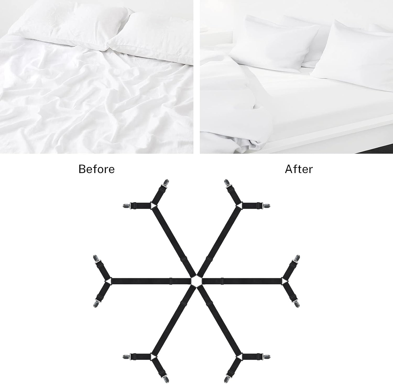 Sheet Straps Elastic Crisscross Bed Sheet Fasteners Suspenders, 6 Way Black Adjustable Bed Sheet Holder Straps, Fitted Sheet Clips for Full, Queen, King Twin Bed (6 in 1 Belt with 12 Clips): Home & Kitchen