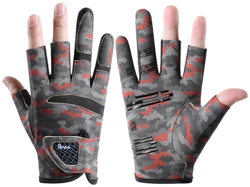 SUJAYU Fishing Gloves Men & Women, Anti-Slip & Breathable Laxuery Palm Kayak Gloves, 3-Cut Fingers UV Protection Gloves Ice Fishing Gloves Fly Fishing Accessories (Red, Large) at Amazon