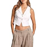 Amazhiyu Womens 100% Linen Summer Button Up Crop Top Lapel Waistcoat Vest Casual