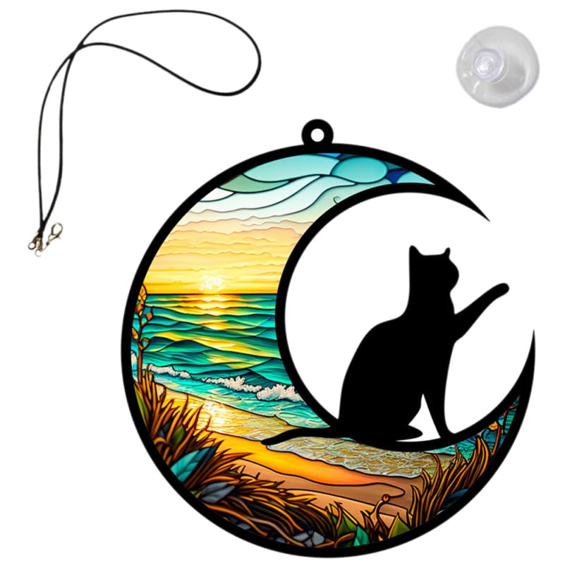 Toddmomy Moon Pendant Cat on Moon Wall Hanging Decoration 5 Inch Acrylic Colorful Cat Window Ornament for Home Garden Balcony