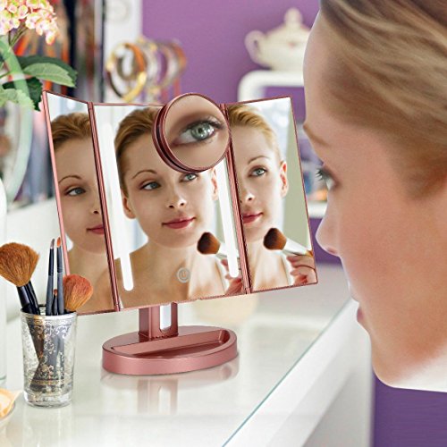 ASSIS Led Lighted Makeup Mirror with 10X Magnifying, Natural LED, Touch Screen and Auto Off Dual Power Supply, 180° Adjustable, Portable Compact Travel Trifold Vanity Mirror(Rose Gold)