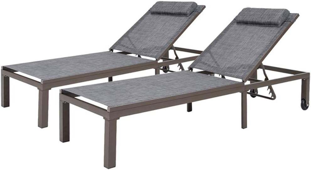 Crestlive Products Outdoor Adjustable Chaise Lounge Chair with Headrest and Wheels Five-Position Multiangle Recliner All Weather for Patio, Beach, Yard, Pool