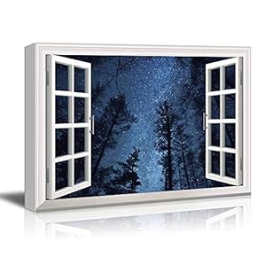 Modern White Window Looking Out Into The Bright Blue Starry Sky - Canvas Art Home Art - 24x36 inches