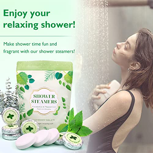 POLEVIEW SHOWER STEAMERS AROMATHERAPY (PACK OF 12) GIFT SET FOR WOMAN AND MAN, STRONGLY SCENTED EUCALYPTUS & PEPPERMINT ESSENTIAL OIL SHOWER BOMBS FOR SINUS RELIEF, BREATHE EASY AND DEEP RELAXATION