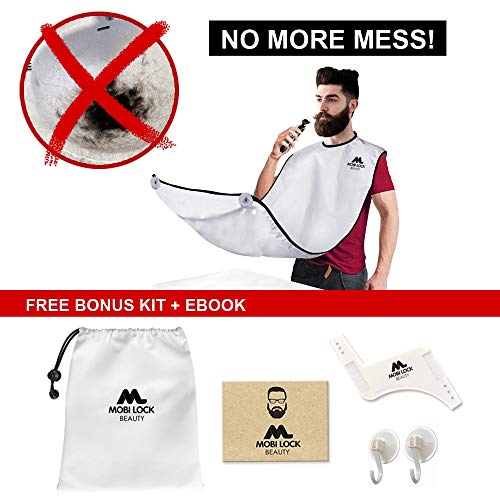 Best Beard Shaving Bib –The Smart Way to Shave – Beard Trimming Apron - Perfect Grooming Gift or Mens Birthday Gift – Includes Shaping Comb, Bag, and Grooming E-Book by Mobi Lock