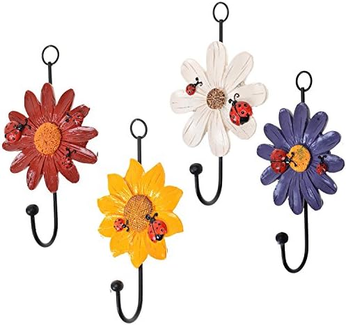 USUNQE Set of 4 Flower Design Key Hat Towel Art Hooks, Home Decorative Wall Hanger