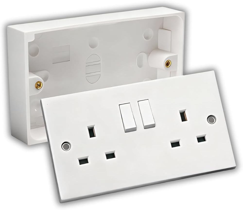 SHP 13A Double White Switched Socket 2 Gang Pattress Box Surface Mount