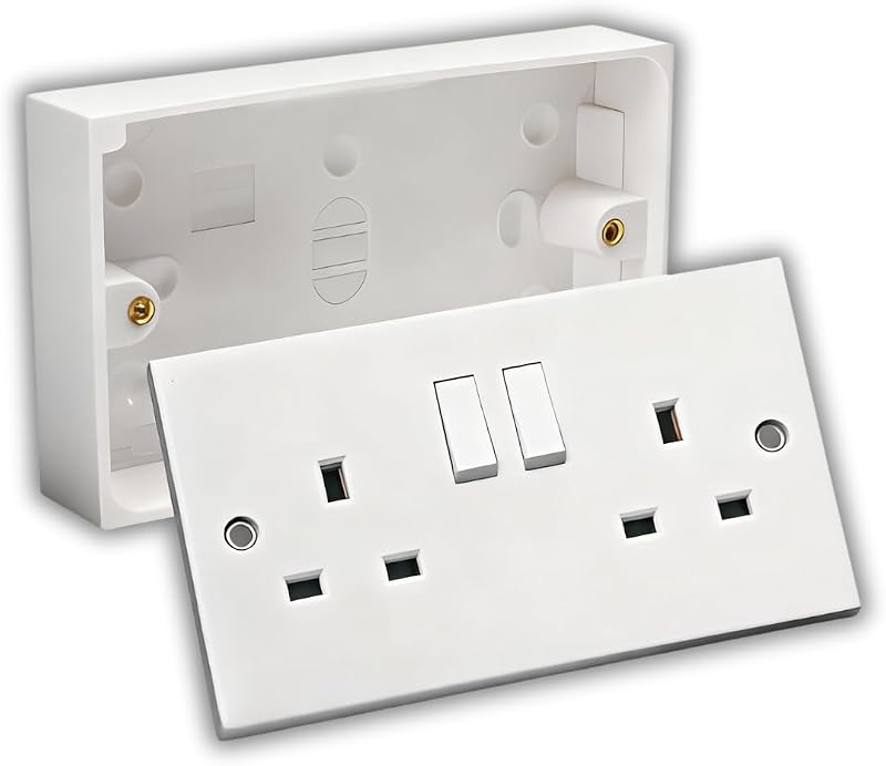 SHP 13A Double White Switched Socket 2 Gang Pattress Box Surface Mount