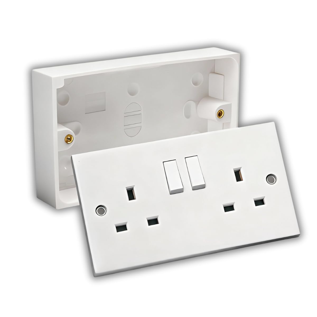 13A Double White Switched Socket & Double Surface Mount 25mm Pattress Box 2 Gang Set Electrical Outlets (1)