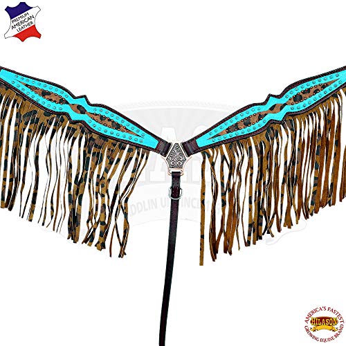 HILASON Horse Breast Collar Fringes American Leather Turquoise Cheetah