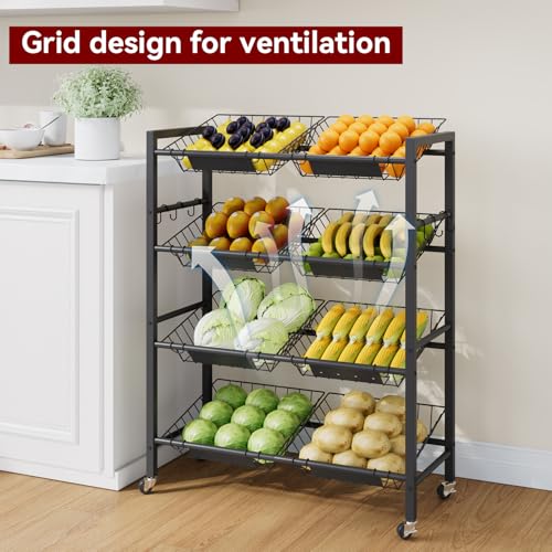IBUYKE Kitchen Trolley with 8 Baskets,Metal Auxiliary Cart,Black TLJ025B | Vegetable Trolley Fruit Basket Organizer with Wheels for Vegetables, Onions, Potatoes