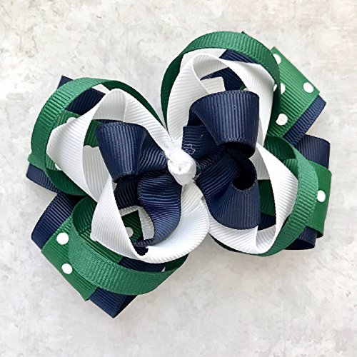 School Uniform Hunter Green Navy White Hair Bow, Handmade Private School Navy Hunter Green White Hair Clip - Thumbnail 6