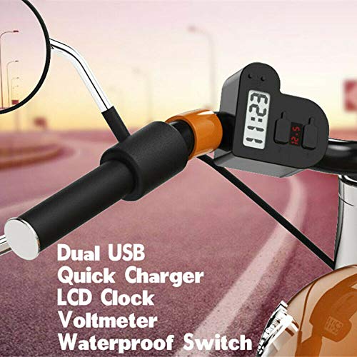 MOTOBA Waterproof Motorcycle Charger 3 in 1 Power Socket, Wireless Dual USB Port Handlebar Mount with LED Voltmeter LCD Digital Clock