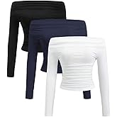 SOLY HUX Women's 3 Piece T Shirt Off The Shoulder Long Sleeve Ruched Tee Slim Fitted Going Out Crop Tops