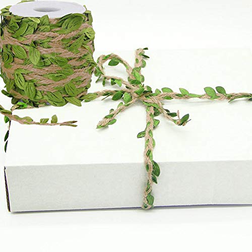 Ariskey Burlap Leaf Ribbo, 164Feet/50Meters Natural Jute Twine with Green Leaves for Wedding Packing and Garden Decoration Twine