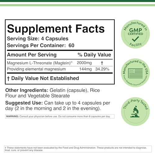 Magnesium L Threonate, Magtein 240 Capsules - 2,000 mg per Serving (Vegan Safe, Third Party Tested, Gluten Free, Non-GMO) by Double Wood Supplements
