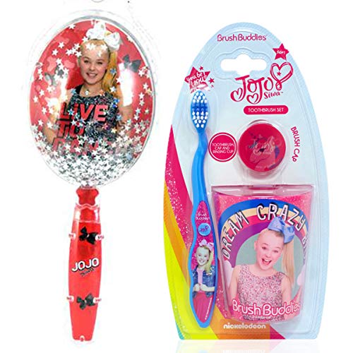 Jojo Siwa Big Girl Toothbrush and Rinsing Cup Set with Confetti Glitter Handle Hairbrush