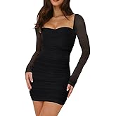 Oumrdeo Women’s Mesh Long Sleeve Dress Square Neck Ruched Bodycon Party Cocktail Mini Dress