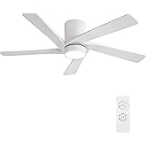 WINGBO 54 Inch Flush Mount DC Ceiling Fan with Lights and Remote, 5 Reversible Carved Wood Blades, 6-Speed Noiseless DC Motor, Hugger Ceiling Fans in White Finish, Low Profile Ceiling Fan, ETL Listed