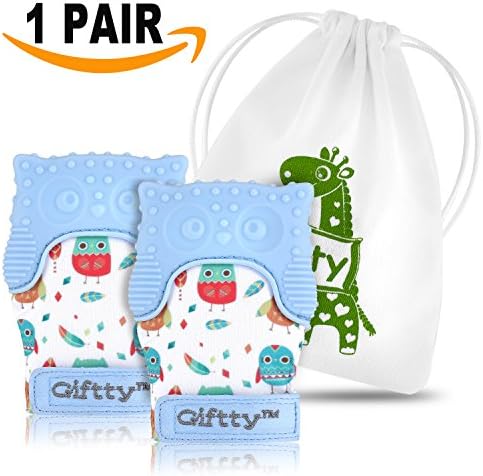 Two Baby Teething Mittens by Giftty, Soothing Teether Mitt &amp; Teething Pain Relief Toy, Prevent Scratches Glove, Cute Animal Owl Collection, Unisex for 0-9 months Baby (2-mittens, 1 Travel bag, Blue)