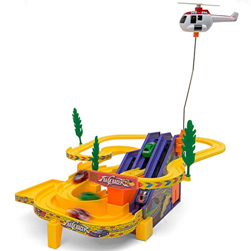 Kids Multi Level Race Track with Cars, Rolling Conveyor, and 'Flying