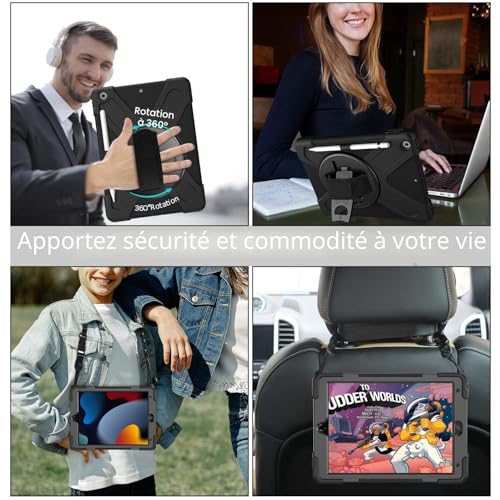 Gerutek Shockproof Case for iPad 9th/8th/7th Generation, 10.2 Inch, Rugged Armor Case with Rotating Stand, Hand Strap & Shoulder Strap, Pen Holder, Sleeve for iPad 10.2 Inch (2021/2020/2019), Black