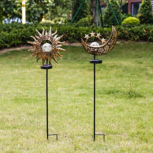 Solar Lights Outdoor Garden Decor,Waterproof Metal Sun Moon Decorative Stakes for Walkway,Yard,Lawn,Patio(2 Pack)