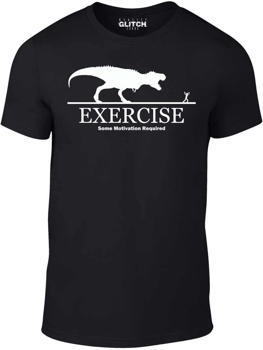 Reality Glitch Exercise Some Motivation Required Funny Mens Novelty Dinosaur and T-Rex Running Slogan T-Shirt