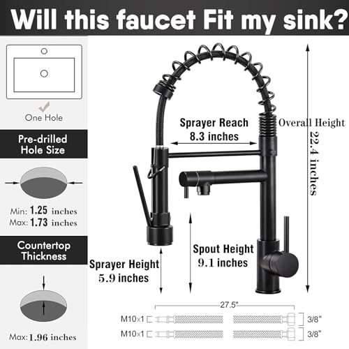 GIFTQOOL Spring Kitchen Faucet with Pull Down Sprayer, Dual Function Pot Filler Faucet, High Arc Commercial Kitchen Sink Faucet, Matte Black, Single Handle, 1 Hole Installation