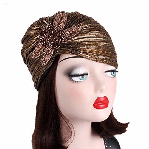 Unpara Ladies Muslim Ruffle Turban Big Flowers Cancer Hat Brim Hat Pile Cap (Gold)