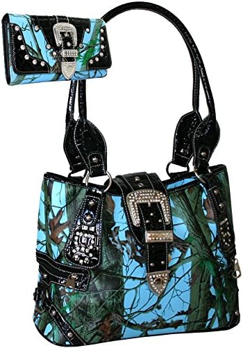 Western Rhinestone Buckle Purse Handbag With Matching Wallet - Blue Camo