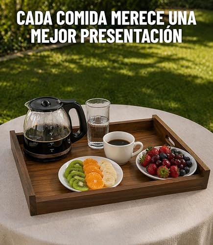 Charola de Servicio de Madera Parota 55x38x7 cm Bandeja Rectangular Grande para Desayuno en Cama Cocina Mesa Decorativa con Asas Integradas Color Nogal para Servir Alimentos Bebidas y Botanas Hogar XL
