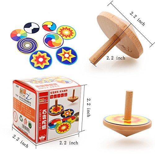 O-Toys Kids Spinning Tops Toys Mini Wooden Gyro Peg Fun Colored Printing Spinning Top Toy for Boys Girls Birthday Learning Education Toy (8 Patterns)
