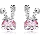 SLUYNZ Solid 925 Sterling Silver Pink Rabbit Earrings Stud for Women Teens CZ Bunny Stud Earrings