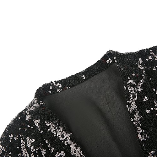 HaoDuoYi Women's Sparkly Sequins Pocket Side Open Front Casual Coat Jacket(L,Black)