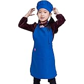 ALIPOBO Kids Apron and Chef Hat Set, Children's Adjustable Bib Apron with 2 Pockets. Cute Boys Girls Kitchen Apron for Cooking, Baking, Painting, Training Wear (6-12 Year, Blue)