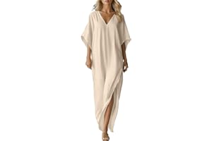 Frostluinai Womens Plus Size Cotton Linen Dresses V Neck Short Sleeve Dresses Loose Side Slit Long Flowy Maxi Sundress