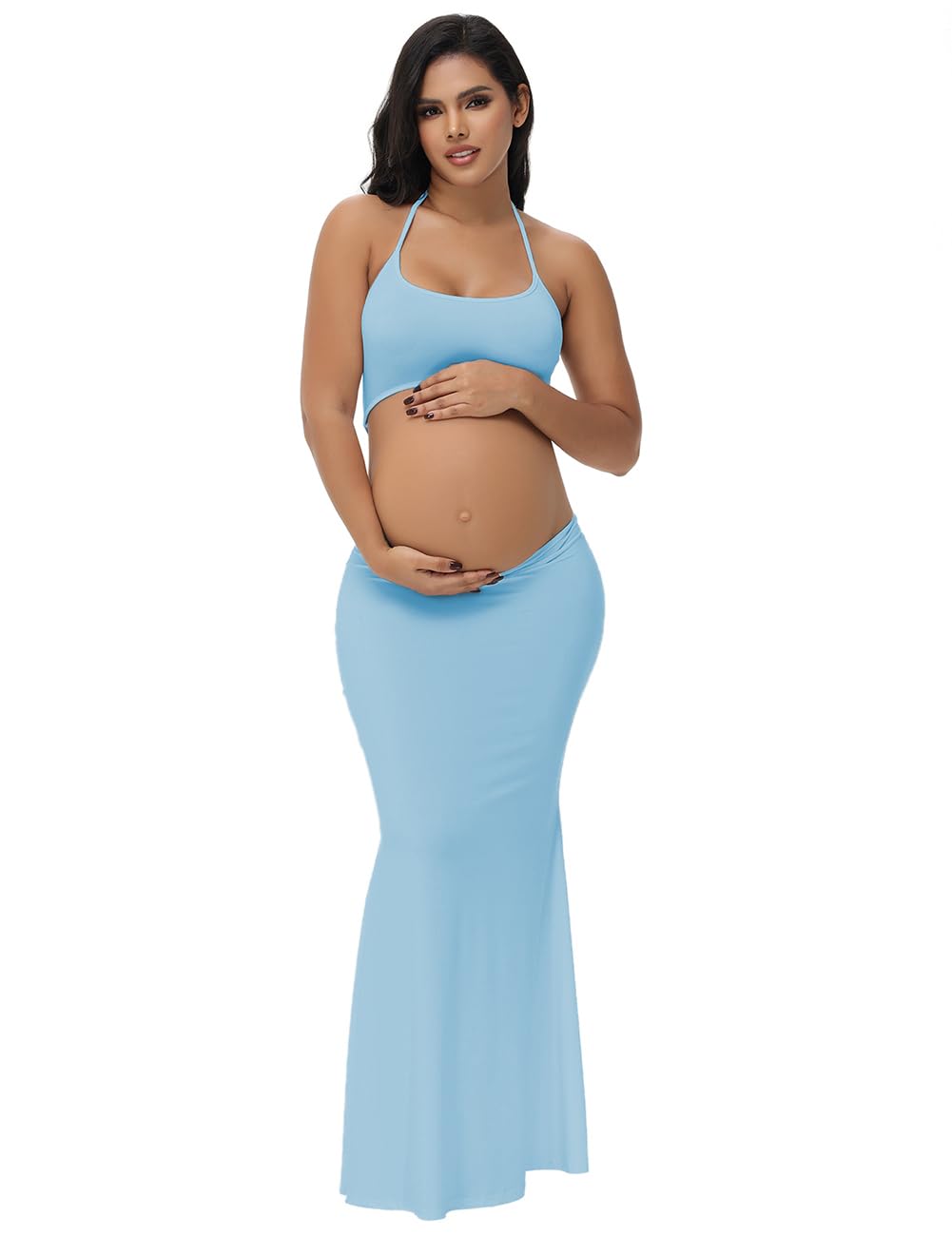 Photo 1 of JustVH Women's Maternity Cut Out Backless Bodycon Dress Halter Maxi Photography Pregnancy Dress for Photoshoot Baby Shower Sky Blue