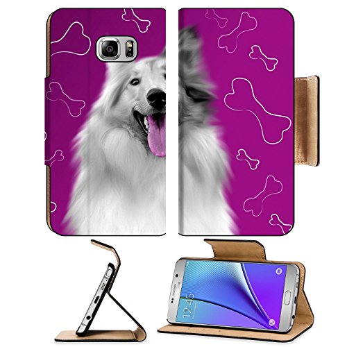 MSD Premium Samsung Galaxy Note 5 Flip Pu Leather Wallet Case Purple background with black white dog with purple tongue and bones in background 35091939