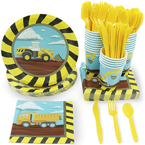Juvale Construction Party Supplies â€“ Serves 24 â€“ Includes Plates, Knives, Spoons, Forks, Cups and Napkins. Perfect Construction Birthday Party Pack for Kids Construction Themed Parties.