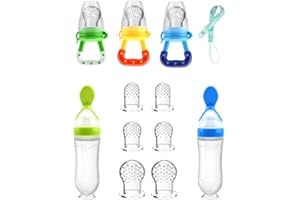 WAJIAYON Food Feeder Baby Fruit Pacifier (3 Pcs) with 6 Different Sized Silicone Pacifiers 2 PCS Dispensing Spoon 90ML Spoons Clip Infant Teething Feeders -Blue