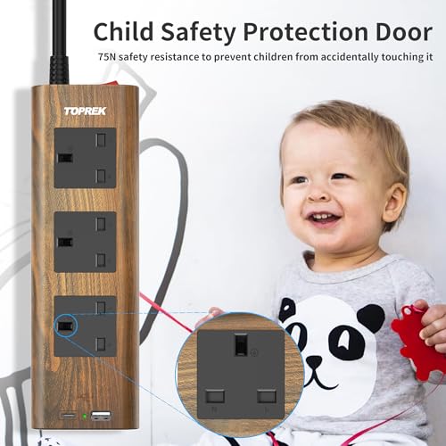 TOPREK Wood Grain 3 Way Extension Lead with USB Slots, Surge Protection, ON/OFF Switch, 13A/3250W, Extension Cable 2M for Home Kitchen Office