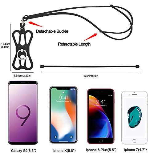 Takyu Universal Phone Lanyard Holder, 2 Pack Silicone Retractable Cell Phone Lanyard with Detachable Neckstrap and Phone Ring Holder, Phone Strap Compatible with Most Smartphones (Black Black) - Thumbnail 3