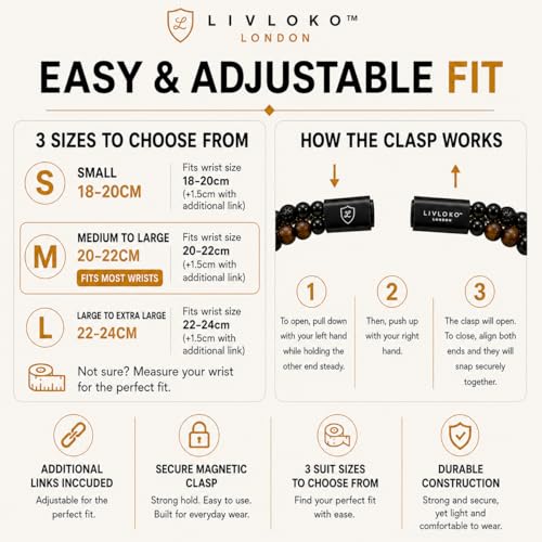 LIVLOKO LONDON Mens Bracelet Leather Black Multi-Layer Stone Beads Magnetic Adjutable Steel Clasp Viking Rope Bands Surfer Man Wristband Male UK Jewellery Gift box Boyfriend Dad Son Brother Tiger Eye