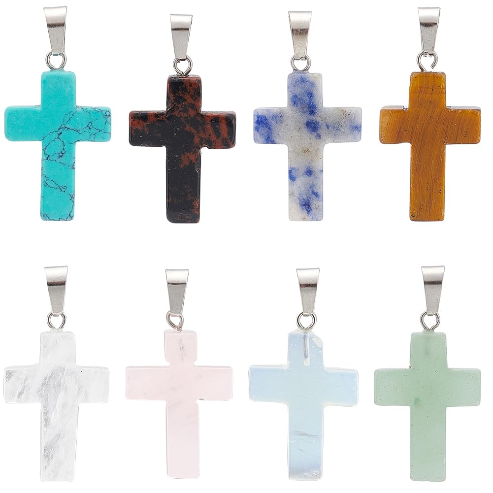 SUNNYCLUE 1 Box 16pcs 8 Colors Stone Cross Charms Bulk Cross Gemstone Charm Quartz Natural Crystal Assorted Rock Stone Cross Charm For jewellery Making Charms DIY Necklace Earring Adults Craft
