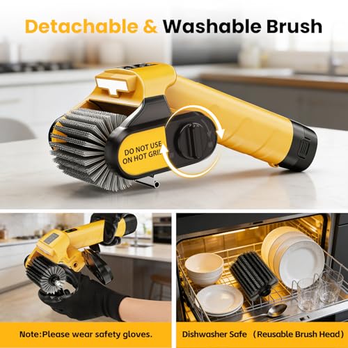 Qimedo Electric Grill Brush for BBQ – Powerful Barbecue Cleaning Brush with 2 Rechargeable Batteries & 2 Replaceable Stainless Steel Heads for Grill Grates, Flat Tops & Plancha