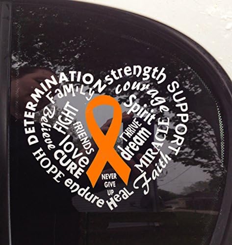 Orange Ribbon Word Heart Window Decal (Kidney Cancer, Kidney Disease, Lukemia, Melanoma, Multiple Sclerosis, Skin Cancer)
