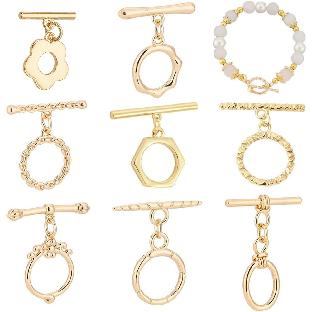 PH PandaHall 18k Gold Plated Toggle Clasps, 8 Styles T-Bar Closure Clasp Flower Ring Oval Toggle Clasps Finding Connectors for Bracelet Necklace Jewellery Making DIY Craft