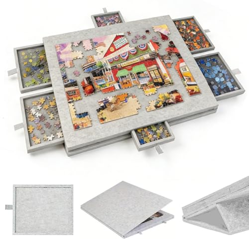 1000 Pieces Puzzle Table, Portable Puzzle Board with 6 Drawers, Lightweight Felt Storage Case, Portable Storage for 1000 Pieces, Tilting Puzzle Table for Adults and Kids